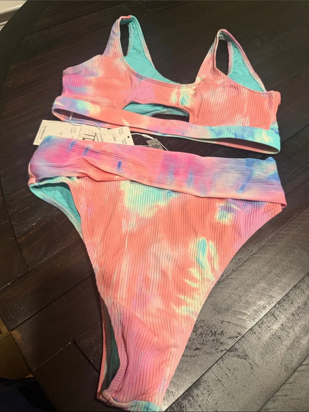 TiniBikini pink and blue tie-dye ribbed two-piece bikini set NWT Size L